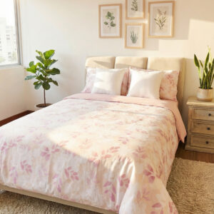 duvet reversible floreado de estampado rosado, blanco y nude/reverso: rosado pastel